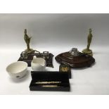 A box of oddments to include a pair of ink stands, decorative boxes, glass, figures and others. A/