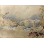 A late 19th Century watercolour depicting a Bridge over a river indistinctly signed. 21x14cm