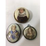 Three, antique painted porcelain portrait miniatures of Mary Queen of Scots, Bonnie Prince Charlie