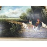 A gilt Frame oil on board depicting chickens in a country side view