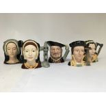 A group of five Doulton character jugs including Henry VIII.