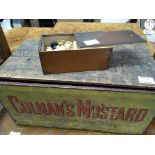 An old Colman’s Mustard Box, a musical box (no contents) an olive wood box from Jerusalem and a wood