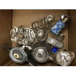 A box of mixed plated ware various and three silver top jars