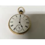 A 18 ct gold pocket watch with button wind movement the enamel dial with Roman numerals