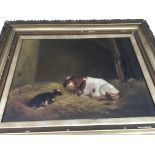 A gilt frame oil on canvas depicting cows in a bar