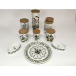 Six Portmeirion 'Botanic Garden' pattern storage jars, a wall clock and a pair of soap dishes