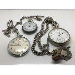 Three button wind watches, one with attached chain and fobs.