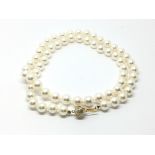A fine quality Japanese cultured pearl necklace with a 14ct gold clasp set with two bands of white