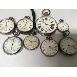 A collection of 7 pocket watches and a stopwatch including silver