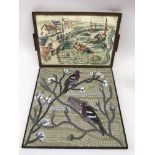 A 1940's painted tiled tray showing fisherman and a mosaic panel of birds. Approx 33x48 and