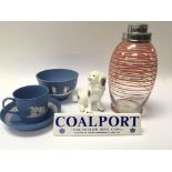 A collection of ceramic and oddments comprising a Coalport sign Wedgwood ceramics a cocktail shaker.