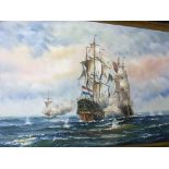 A framed oil painting depicting a three mast sailing ship