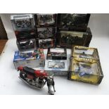 A collection of boxed Motorcycles, some with sidecars, including Harley Davidson, Norton, Honda,