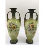 A pair of Edwardian twin handled vases with printed floral decoration.Approx 46cm high - NO RESERVE