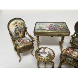 A Quality French enamel and gilt metal detailed miniature suite of furniture each enamel panel