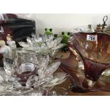 A collection of modern glass candle holders a Murano glass duck art glass dishes and modern frog