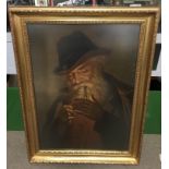 A large, gilt framed print of a European gentleman smoking a pipe, approx 62x84cm