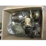 A box containing a quantity of silver plate and other oddments.