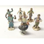 A collection of Meissen 19th Century miniature porcelain figures including a Turkey. Hight 6cm >(7)