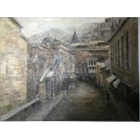 A framed oil on canvas of a European street scene, possibly Italian, no clear signature, frame