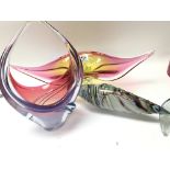 Two modern coloured design art glass vases and a glass fish (3)