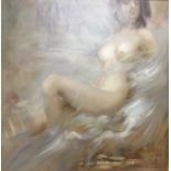 A large framed modern canvas painting depicting a nude female figure. Signed to the bottom right.