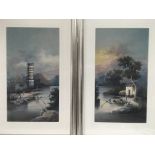 A pair of framed and glazed Chinese prints of fishing boats with figures both in the boats and on
