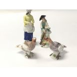 Two 19th Century Meissen Porcelain figures in the form of Turkeys and two Meissen figures one with a