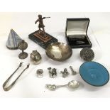 A silver dish, white metal odds and virtue items