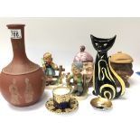 A collection of ceramics comprising Spode cup and saucer ceramic tobacco jars Gobel figures etc (a