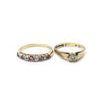 Two ladies 9ct gold rings, one alternating between red and white stones, the other set with a
