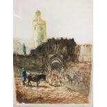 A framed coloured etching depicting a view of Jerusalem with figures and donkeys signed in pencil
