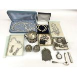 A collection of silver odds including miniature bear pepperettes and teapot, pierced mustard pot,