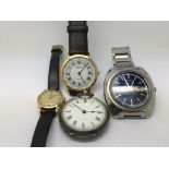 A silver case pocket watch together with a ladies omega and two other dress watches - NO RESERVE