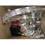A box containing various silver plated ware to include trays, jugs, teapots, spoons etc.
