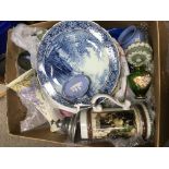 A box containing a collection of various ceramics including German steins, Wedgwood jasperware,
