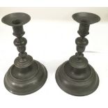 A pair of knopped pewter candlesticks, possibly la
