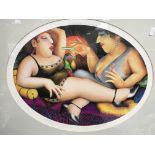 A Limited edition Beryl Cook print depicting two ladies lounging on a cushioned sofa. In an oval.