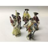 A collection of miniature 19th century Meissen figures. In traditional 18th Century dress. (5).