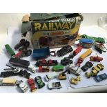 A Matchbox play track railway and a collection of playworn diecast vehicles including Matchbox etc -