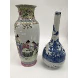 A Chinese blue and white bottle vase painted with a landscape plus a Republic style vase depicting