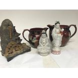 Two lustre Art Deco style jugs a soap stone carving and two Chinese figures - NO RESERVE