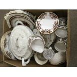 A box of ceramics comprising a Colclough tea service, plates, soup tureen, ship's decanter etc -