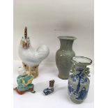 Another group of Chinese ceramics including a celadon vase and a large model of a cockerel.All a/f