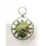 A silver cased pocket watch, the dial printed with a pastoral scene surrounded by Roman numerals.