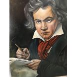 An oil on canvas of Beethoven, with attributed signature. Measures approximately 101cm by 76cm. Also