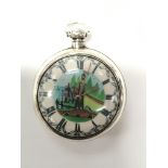 A working verge fuse circa 1823 pocket watch with printed dial depicting Dutch style scenery