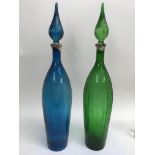 Two large, 1960's green and blue glass decanters.Approx 65cm - NO RESERVE