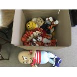 A large box containing a collection of vintage advertising soft toys including various Honey