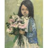 A framed oil on board portrait of a young girl in a white dress with a blue jacket holding a bouquet
